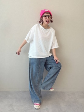「LEPSIM（レプシィム）のイージーコクーンデニムパンツ　661665（デニムパンツ、ブルー系）」を使った、miwataraさん（レディース・157cm）の春コーディネート