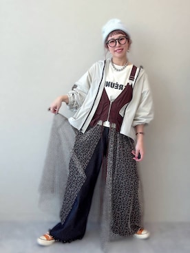「LEPSIM（レプシィム）の裏毛ラメ相良刺繍5分袖T　663950（Tシャツ/カットソー、ホワイト系）」を使った、miwataraさん（レディース・157cm）の春コーディネート