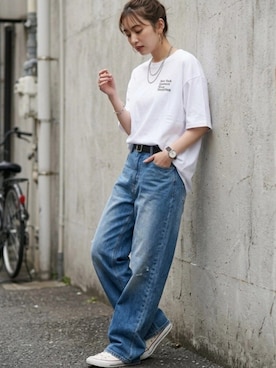 「MRU（エムアールユー）の2026SS MRU/エムアールユー オーバーサイズ ワンポイント刺繍半袖Tシャツ レディース メンズ（Tシャツ/カットソー、ホワイト系）」を使った、MARUKAWA【Official】さん（メンズ・181cm）の春コーディネート