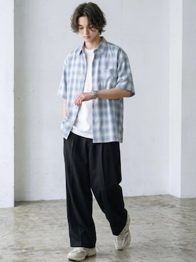 「MARUKAWA（マルカワ）の2026SS 綿100％ 清涼パナマ織り オンブレ/ミニチェック 半袖シャツ レディース メンズ（シャツ/ブラウス、ブルー系）」を使った、MARUKAWA【Official】さん（メンズ・181cm）の夏コーディネート