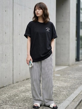 「MRU（エムアールユー）の2026SS MRU/エムアールユー オーバーサイズ ワンポイント刺繍半袖Tシャツ レディース メンズ（Tシャツ/カットソー、ブラック系）」を使った、MARUKAWA【Official】さん（メンズ・180cm）の夏コーディネート