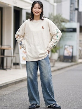 「Tom＆Jerry（トムアンドジェリー）の2026AW Tom and Jerry/トムとジェリー オーバーサイズ ワンポイント刺繍 袖プリント 長袖Tシャツ ロンT レディース メンズ（Tシャツ/カットソー、ホワイト系）」を使った、MARUKAWA【Official】さん（メンズ・181cm）の夏コーディネート