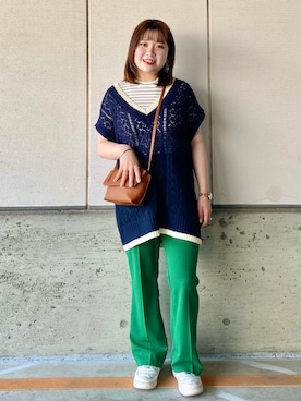 「フレアパンツ」｜「アイテム（パンツ、グリーン系）」を使った、shellyさん（レディース・154cm）の春コーディネート