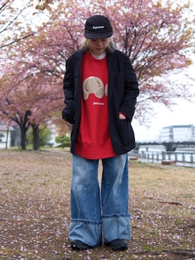 「Supreme （シュプリーム）のアイテム（帽子）」を使った、カフェ店長aoiさん（レディース・147cm）の春コーディネート