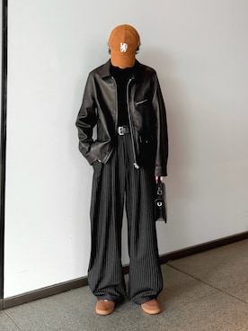 「アイテム（ライダースジャケット）」を使った、クリワキタカヒロさん（メンズ・172cm）の冬コーディネート