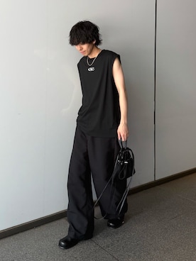 「Lui's（ルイス）の【Neucon/ニューコン】ロゴ刺繍オーバーサイズノースリーブカットソー（Tシャツ/カットソー）」を使った、クリワキタカヒロさん（メンズ・172cm・20代）の夏コーディネート