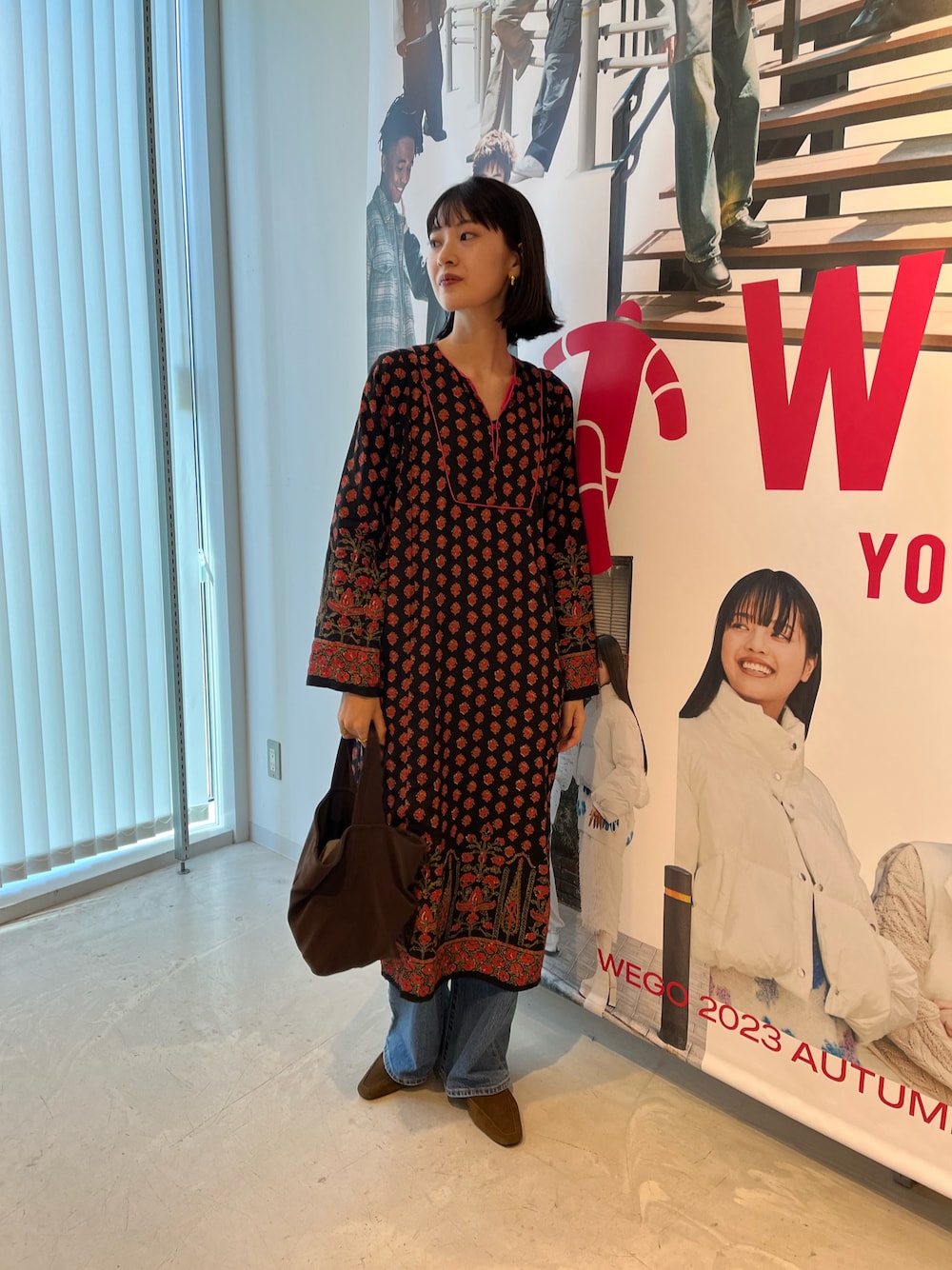 「freada、ワンピース、秋コーデ、秋先取りコーデ」｜「FreadaのFreada/フリーダ インドレーヨンプリントカフタンワンピース（ワンピース、ブラック系）」を使った、nanaho.さん（レディース・164cm）の秋コーディネートの1枚目の写真