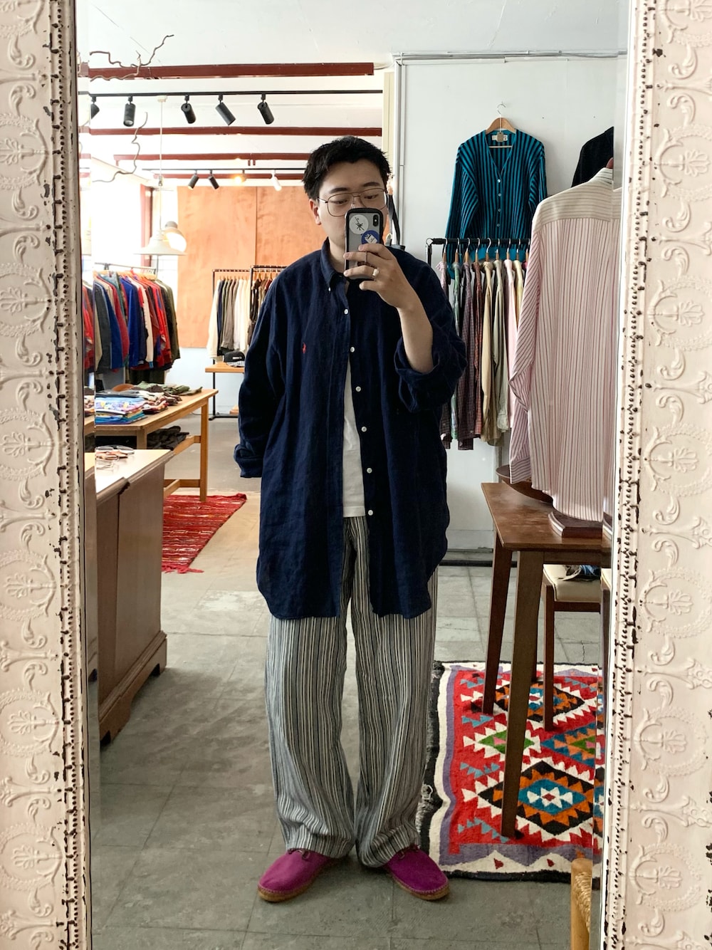 「シャツスタイル、リネンシャツ、夏コーデ、シャツ好き集まれ、ストライプパンツ、ワイドパンツ、エスパドリーユ、紫、古着MIX」｜「POLO RALPH LAURENのアイテム（シャツ/ブラウス、ブルー系）」を使った、Takumiさん（メンズ・170cm）の夏コーディネートの1枚目の写真