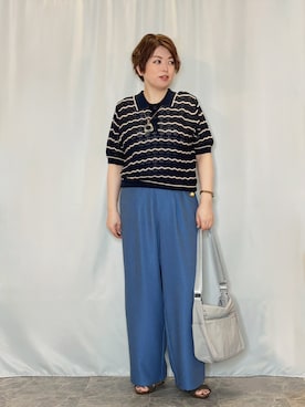 「SHOO・LA・RUE（シューラルー）の【S-LL/洗濯機可】ニュアンスボーダー シアーニットポロ（ニット/セーター、ブルー系）」を使った、たみさん（レディース・158cm）の春コーディネート
