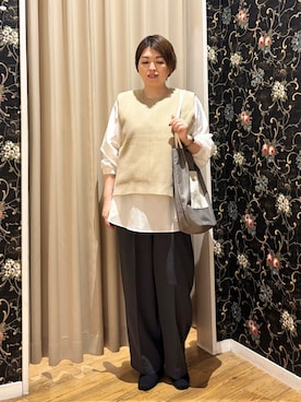 「SHOO・LA・RUE（シューラルー）の【着丈選べる/洗濯後しわになりにくい】センターピンタックですっきり見え きれいめイージーワイドパンツ（その他パンツ、グレー系）」を使った、たみさん（レディース・158cm）の秋コーディネート