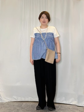 「SHOO・LA・RUE（シューラルー）の【S-LL/洗濯機可/体型カバー】インせずサマ見え ビスチェ風異素材ドッキングTシャツ（Tシャツ/カットソー、ブルー系）」を使った、たみさん（レディース・158cm）の夏コーディネート
