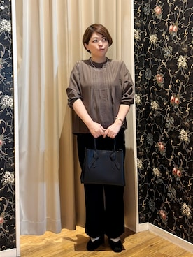 「SHOO・LA・RUE（シューラルー）の【S-LL/洗濯機可】1枚で華やかに フロントレース7分袖ブラウス（シャツ/ブラウス、ブラウン系）」を使った、たみさん（レディース・158cm）の秋コーディネート