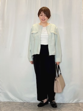 「SHOO・LA・RUE（シューラルー）の【S-LL】サッと羽織れてきれい見え　フラップポケット ノーカラーブルゾン（ブルゾン、グリーン系）」を使った、たみさん（レディース・158cm）の春コーディネート