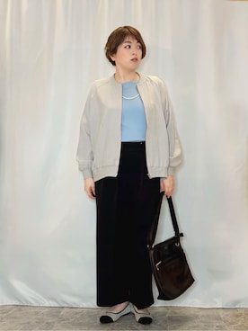 「SHOO・LA・RUE（シューラルー）の【洗濯機可/S-LL】さらっと快適　麻調ゆるリブブルゾン（ブルゾン、グレー系）」を使った、たみさん（レディース・158cm）の春コーディネート