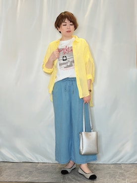 「SHOO・LA・RUE（シューラルー）の【プチプラ/S-LL】選べる3柄 コットンプリントTシャツ（Tシャツ/カットソー、ホワイト系）」を使った、たみさん（レディース・158cm）の春コーディネート