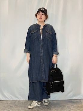 「SHOO・LA・RUE（シューラルー）の【ライトオンスデニム/S-LL】体型カバーにも 首元すっきり ロングデニムシャツワンピース（ワンピース、ブルー系）」を使った、たみさん（レディース・158cm）の春コーディネート