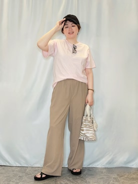 「SHOO・LA・RUE（シューラルー）の【綿100%/ひんやり/S-LL】選べる3柄 大人のプリントTシャツ（Tシャツ/カットソー、ピンク系）」を使った、たみさん（レディース・158cm）の春コーディネート