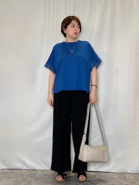 「SHOO・LA・RUE（シューラルー）の【ひんやり/UV】お袖レースが上品 ゆったりとろみトップス（Tシャツ/カットソー、ブルー系）」を使った、たみさん（レディース・158cm）の夏コーディネート