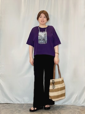 「SHOO・LA・RUE（シューラルー）の【体型カバー】程よい透け感 デザインアソート 5分袖シアーニット（ニット/セーター、パープル系）」を使った、たみさん（レディース・158cm）の春コーディネート