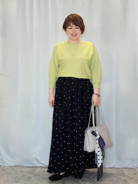 「SHOO・LA・RUE（シューラルー）の【洗濯機可/S-LL】さらりと軽やか インせず着られる すっきり見えドルマンニット（ニット/セーター、グリーン系）」を使った、たみさん（レディース・158cm）の春コーディネート