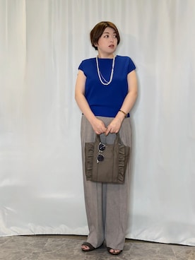 「SHOO・LA・RUE（シューラルー）の【ひんやり/洗濯機可/S-LL】インせず着られる 大人シンプルサマーニット（ニット/セーター、ブルー系）」を使った、たみさん（レディース・158cm）の夏コーディネート