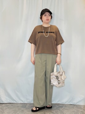 「SHOO・LA・RUE（シューラルー）の【体型カバー】程よい透け感 デザインアソート 5分袖シアーニット（ニット/セーター、ブラウン系）」を使った、たみさん（レディース・158cm）の夏コーディネート