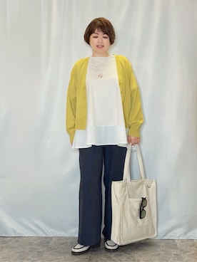 「SHOO・LA・RUE（シューラルー）の【洗濯機可/ひんやり/UV】さらっとしたタッチが心地よい ショート丈 Vネックカーディガン（カーディガン/ボレロ、イエロー系）」を使った、たみさん（レディース・158cm）の春コーディネート