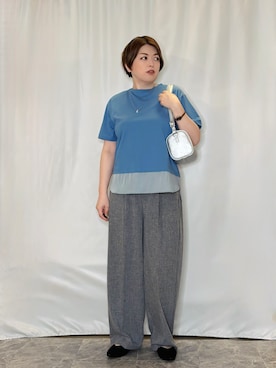 「SHOO・LA・RUE（シューラルー）の【ひんやり/体型カバー/S-LL】インせず着られる 異素材ドッキングTシャツ（Tシャツ/カットソー、ブルー系）」を使った、たみさん（レディース・158cm）の夏コーディネート
