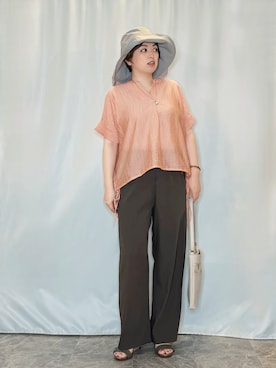 「SHOO・LA・RUE（シューラルー）の【体型カバー/洗濯機可】インせず着られる スキッパー裾リボンブラウス（シャツ/ブラウス、オレンジ系）」を使った、たみさん（レディース・158cm）の夏コーディネート