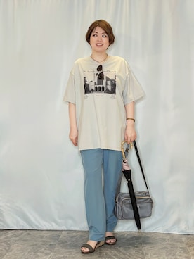 「SHOO・LA・RUE（シューラルー）の【ひんやり】ゆるっと体系カバー BIGアソートTシャツ（Tシャツ/カットソー、ベージュ系）」を使った、たみさん（レディース・158cm）の夏コーディネート