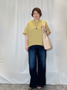 「SHOO・LA・RUE（シューラルー）の【ひんやり/体型カバー】インせず着られる 上品見えのドルマントップス（Tシャツ/カットソー、イエロー系）」を使った、たみさん（レディース・158cm）の夏コーディネート