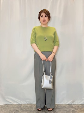 「SHOO・LA・RUE（シューラルー）の【毎日洗える/S-LL/ひんやり/UV】上半身すっきり 二の腕見せない5分袖ニット（ニット/セーター、グリーン系）」を使った、たみさん（レディース・158cm）の夏コーディネート