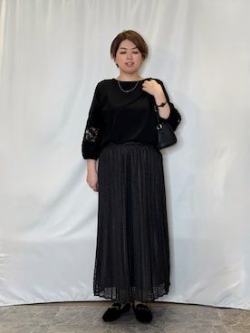 「SHOO・LA・RUE（シューラルー）の【洗濯機可/S-LL/洗濯後しわになりにくい】お袖レースデザインブラウス（シャツ/ブラウス、ブラック系）」を使った、たみさん（レディース・158cm）の秋コーディネート