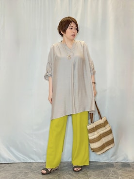 「SHOO・LA・RUE（シューラルー）の【ひんやり/洗濯機可/体型カバー】動くたび、ふんわりゆれる 大人のゆるドルマンチュニック（チュニック、ベージュ系）」を使った、たみさん（レディース・158cm）の夏コーディネート