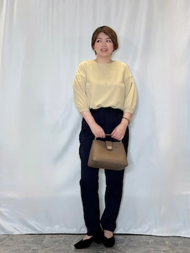 「SHOO・LA・RUE（シューラルー）の【着丈選べる/2点セット/S-LL/洗濯機可】ネックレス付き 着心地さらり7分袖ブラウス（Tシャツ/カットソー、イエロー系）」を使った、たみさん（レディース・158cm）の秋コーディネート