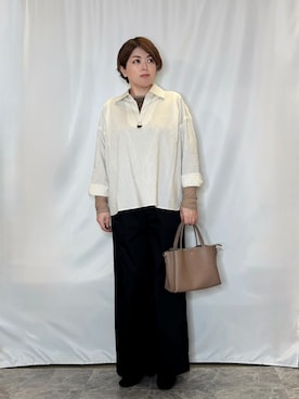 「SHOO・LA・RUE（シューラルー）の【洗濯機可】インせず決まるAライン ストライプスキッパーシャツ（シャツ/ブラウス、ホワイト系）」を使った、たみさん（レディース・158cm）の秋コーディネート