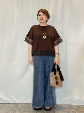 「SHOO・LA・RUE（シューラルー）の【洗濯機可/ひんやり/体型カバー/S-LL】レース使いがポイント デザインTシャツ（Tシャツ/カットソー、ブラウン系）」を使った、たみさん（レディース・158cm）の春コーディネート