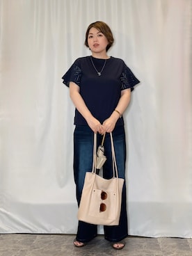 「SHOO・LA・RUE（シューラルー）の【汗じみ防止/ひんやり/体型カバー】真夏の味方。 汗じみが気になりにくい お袖レースフレアTシャツ（Tシャツ/カットソー、ブルー系）」を使った、たみさん（レディース・158cm）の夏コーディネート