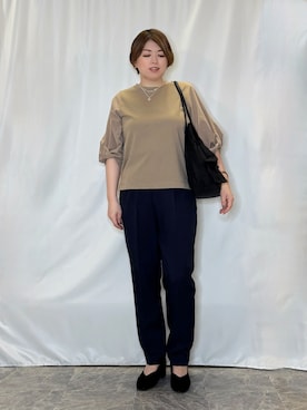 「SHOO・LA・RUE（シューラルー）の【S-LL/洗濯機可/二の腕カバー】楽に上品見え ツイストスリーブトップス（Tシャツ/カットソー、ブラウン系）」を使った、たみさん（レディース・158cm）の秋コーディネート