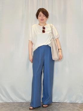 「SHOO・LA・RUE（シューラルー）の【ひんやり/洗濯後しわになりにくい】インせず着られる さらっとタッチのドルマンブラウス（シャツ/ブラウス、ホワイト系）」を使った、たみさん（レディース・158cm）の夏コーディネート