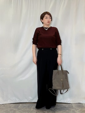 「SHOO・LA・RUE（シューラルー）の【毛玉になりにくい/S-LL/洗濯機可】ダイヤ柄が上品 二の腕隠せる5分袖ニット（ニット/セーター、レッド系）」を使った、たみさん（レディース・158cm）の秋コーディネート