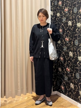「SHOO・LA・RUE（シューラルー）の【セットアップ可/洗濯機可】軽やかに羽織れる スポンディッシュ ニットカーディガン（カーディガン/ボレロ、ブラック系）」を使った、たみさん（レディース・158cm）の秋コーディネート