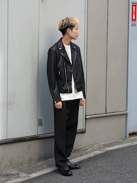「tk.TAKEO KIKUCHI（ティーケータケオキクチ）のアイテム（ライダースジャケット）」を使った、kitauraさん（メンズ・172cm）の秋コーディネート