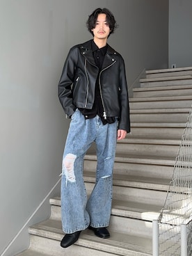 「tk.TAKEO KIKUCHI（ティーケータケオキクチ）のアイテム（ライダースジャケット）」を使った、kitauraさん（メンズ・172cm）の冬コーディネート