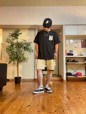 「MFC STORE（エムエフシーストア）のアイテム（Tシャツ/カットソー、ブラック系）」を使った、tettereさん（メンズ・162cm）の夏コーディネート