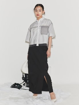 「ECLAM（クラム）のチュールドッキングクロップドシャツ（襯衫、ホワイト系）」を使った、ECLAMスタッフさん（レディース・163cm）の春コーディネート