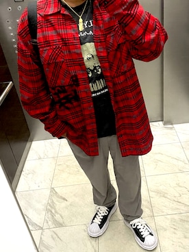 「アイテム（その他アウター、レッド系）」を使った、bullさん（メンズ・173cm）の秋コーディネート