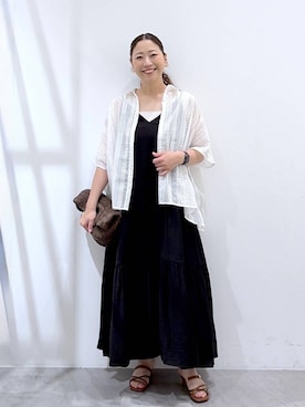 「Elura（エルーラ）の2WAYクロスサンダル/646446（サンダル、ブラウン系）」を使った、はつなさん（レディース・158cm）の夏コーディネート