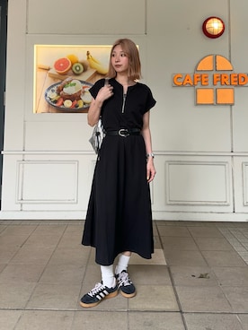 「fredy emue（フレディエミュ）のハイゲージハーフZIPワンピース（ワンピース、ブラック系）」を使った、Maikaさん（レディース・163cm）の夏コーディネート