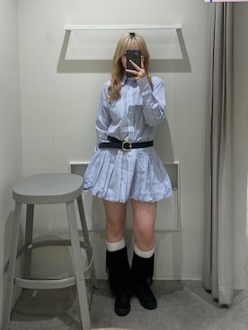 「FREE'S MART（フリーズマート）の◆バルーンシャツミニワンピース（ワンピース、ブルー系）」を使った、nanakaさん（レディース・158cm）の春コーディネート